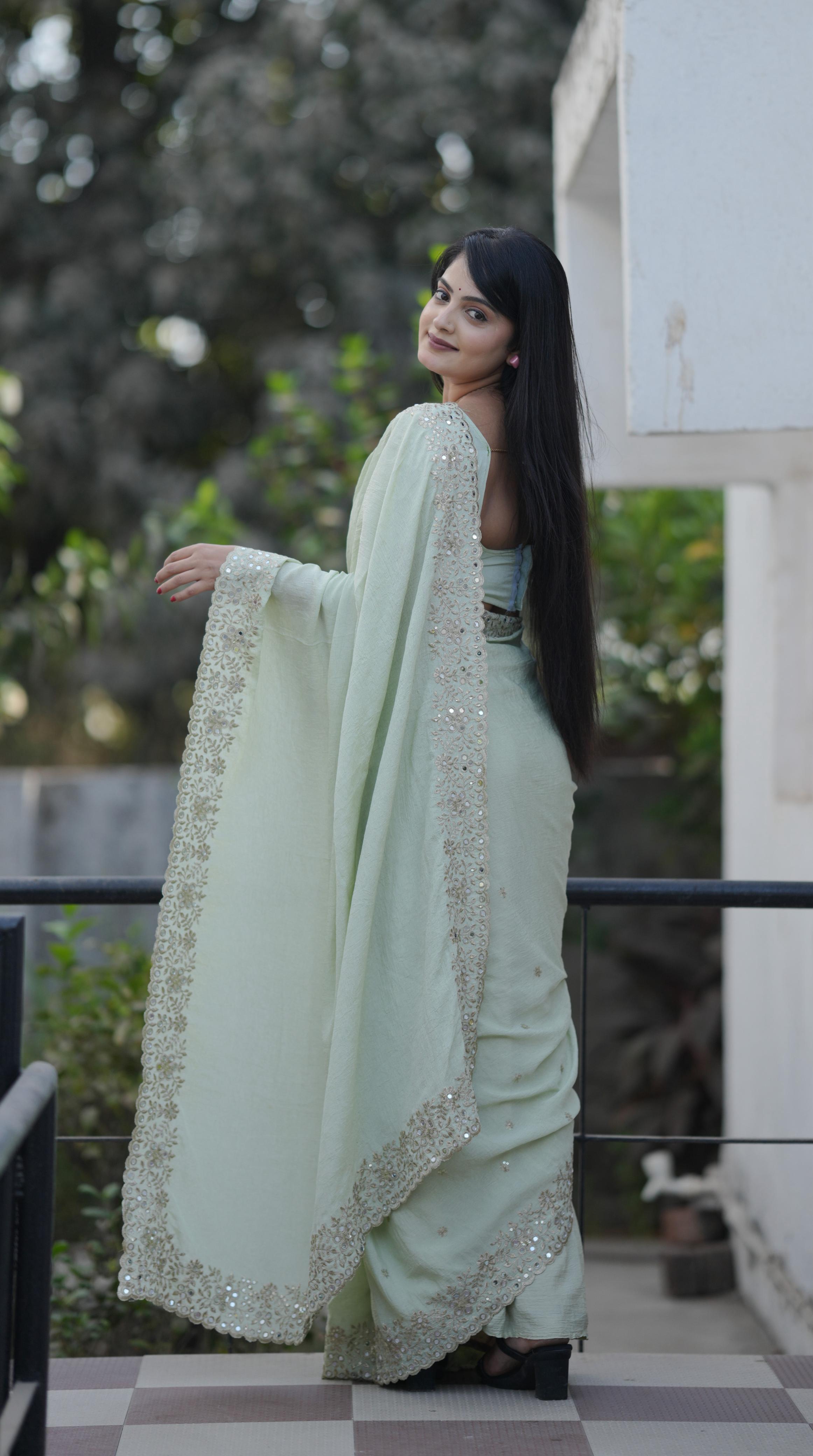Teeya Creation Pista Platinum Crush Silk Embroidery With Real Mirror Work Saree | Grocsy