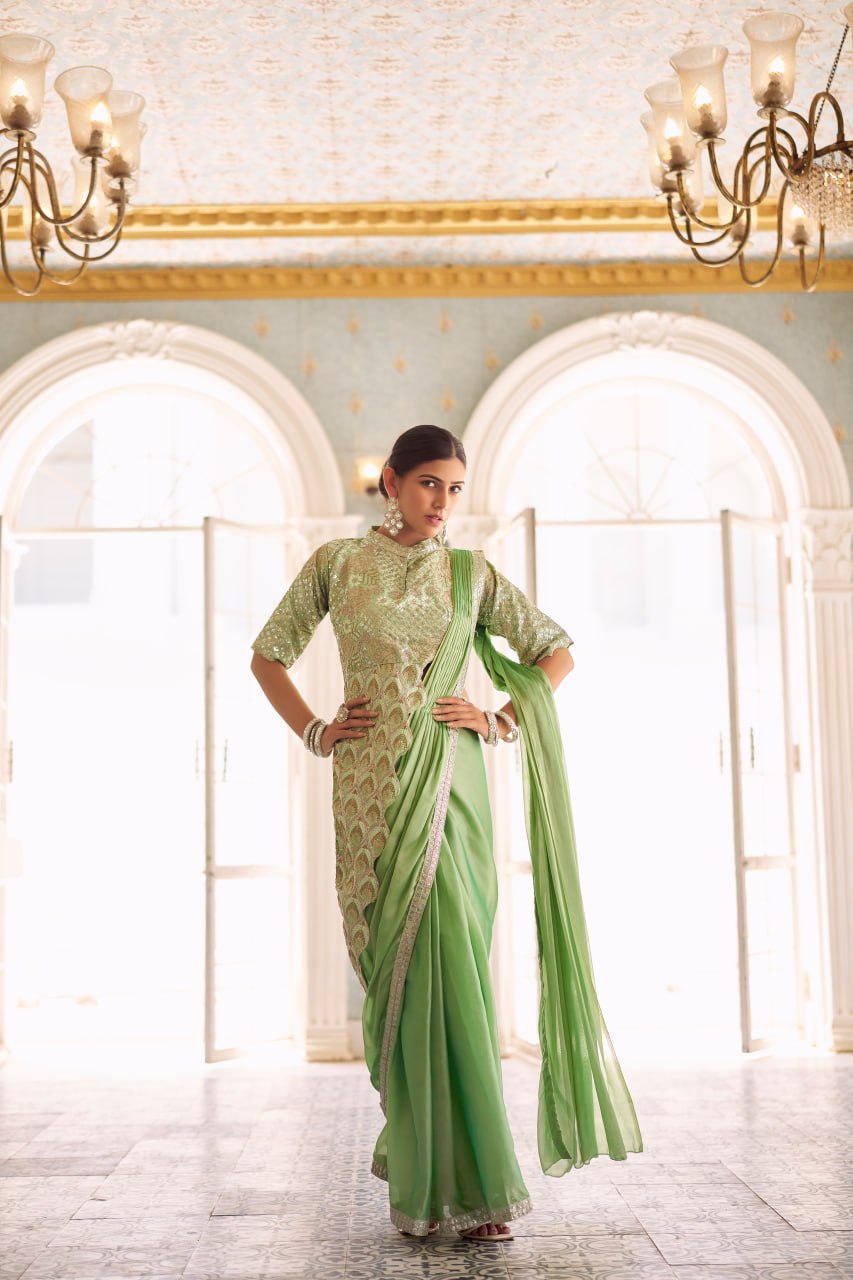 Teeya Creation Green Color Chinnon Silk Embroidery Work Ready To Wear Saree With Stitched blouse | Grocsy