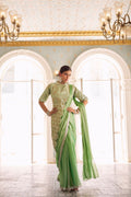 Teeya Creation Green Color Chinnon Silk Embroidery Work Ready To Wear Saree With Stitched blouse | Grocsy