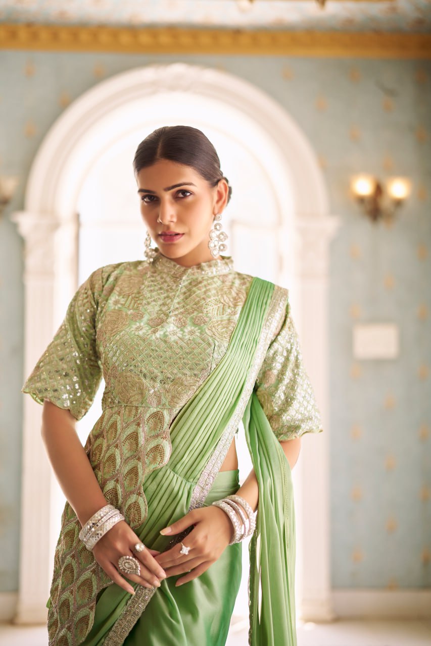 Teeya Creation Green Color Chinnon Silk Embroidery Work Ready To Wear Saree With Stitched blouse | Grocsy
