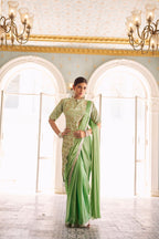 Teeya Creation Green Color Chinnon Silk Embroidery Work Ready To Wear Saree With Stitched blouse | Grocsy