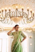 Teeya Creation Green Color Chinnon Silk Embroidery Work Ready To Wear Saree With Stitched blouse | Grocsy