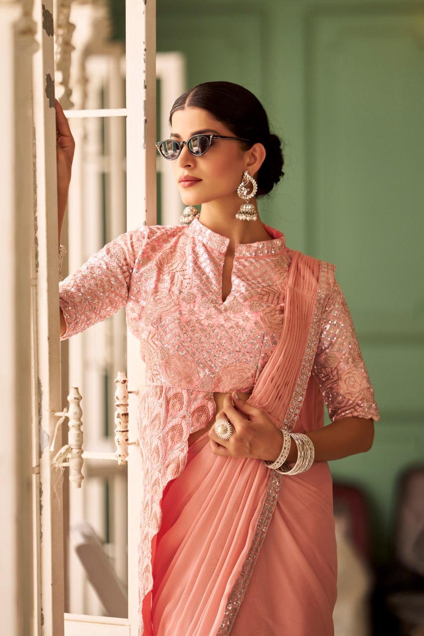 Teeya Creation Peach Color Chinnon Silk Embroidery Work Ready To Wear Saree With Stitched blouse | Grocsy