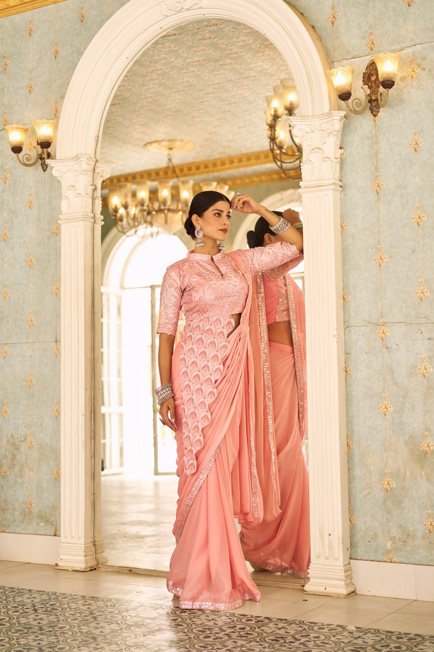 Teeya Creation Peach Color Chinnon Silk Embroidery Work Ready To Wear Saree With Stitched blouse | Grocsy