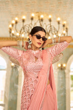 Teeya Creation Peach Color Chinnon Silk Embroidery Work Ready To Wear Saree With Stitched blouse | Grocsy