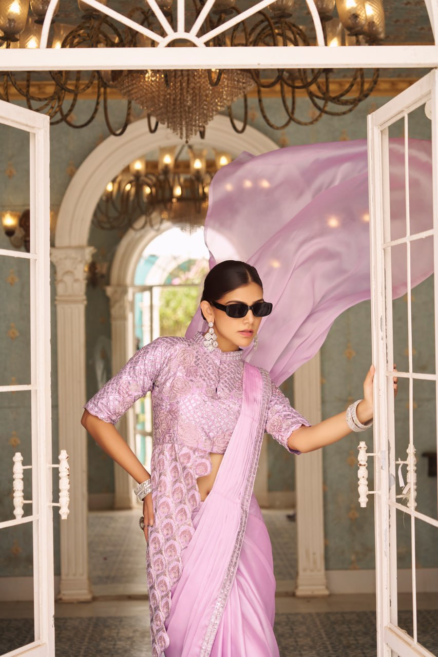 Teeya Creation Pink Color Chinnon Silk Embroidery Work Ready To Wear Saree With Stitched blouse | Grocsy