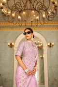 Teeya Creation Pink Color Chinnon Silk Embroidery Work Ready To Wear Saree With Stitched blouse | Grocsy