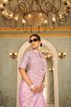 Teeya Creation Pink Color Chinnon Silk Embroidery Work Ready To Wear Saree With Stitched blouse | Grocsy