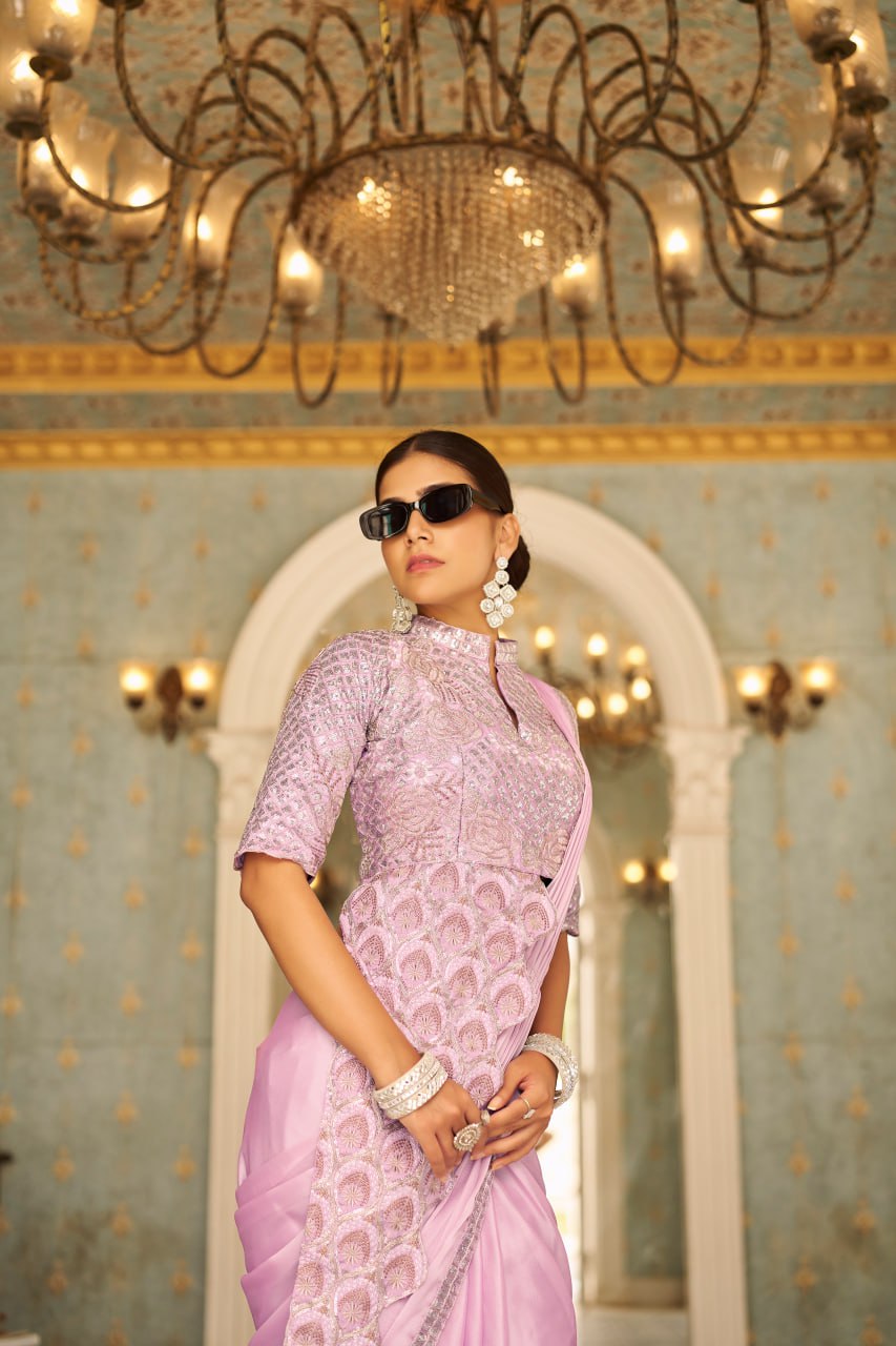 Teeya Creation Pink Color Chinnon Silk Embroidery Work Ready To Wear Saree With Stitched blouse | Grocsy