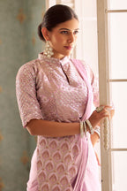 Teeya Creation Pink Color Chinnon Silk Embroidery Work Ready To Wear Saree With Stitched blouse | Grocsy