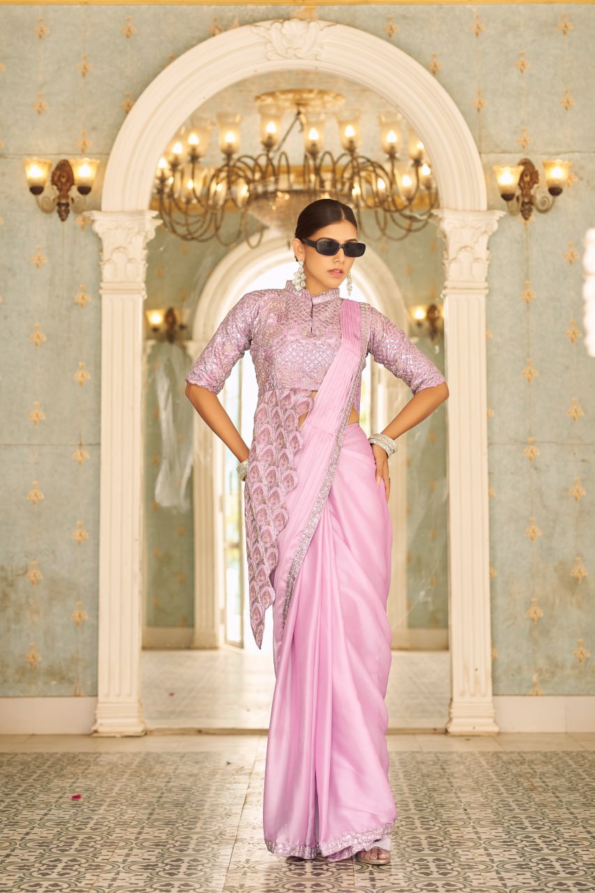 Teeya Creation Pink Color Chinnon Silk Embroidery Work Ready To Wear Saree With Stitched blouse | Grocsy