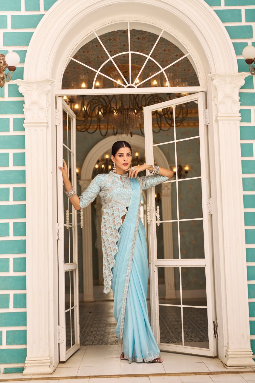 Teeya Creation Sky Color Chinnon Silk Embroidery Work Ready To Wear Saree With Stitched blouse | Grocsy