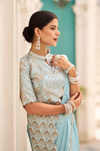 Teeya Creation Sky Color Chinnon Silk Embroidery Work Ready To Wear Saree With Stitched blouse | Grocsy