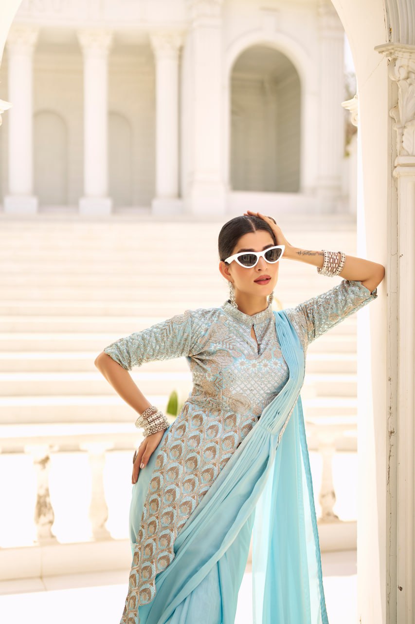 Teeya Creation Sky Color Chinnon Silk Embroidery Work Ready To Wear Saree With Stitched blouse | Grocsy
