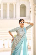 Teeya Creation Sky Color Chinnon Silk Embroidery Work Ready To Wear Saree With Stitched blouse | Grocsy