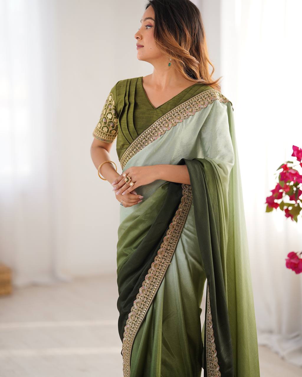 Teeya Creation Multi Color Chinnon Silk Embroidery Work Saree | Grocsy