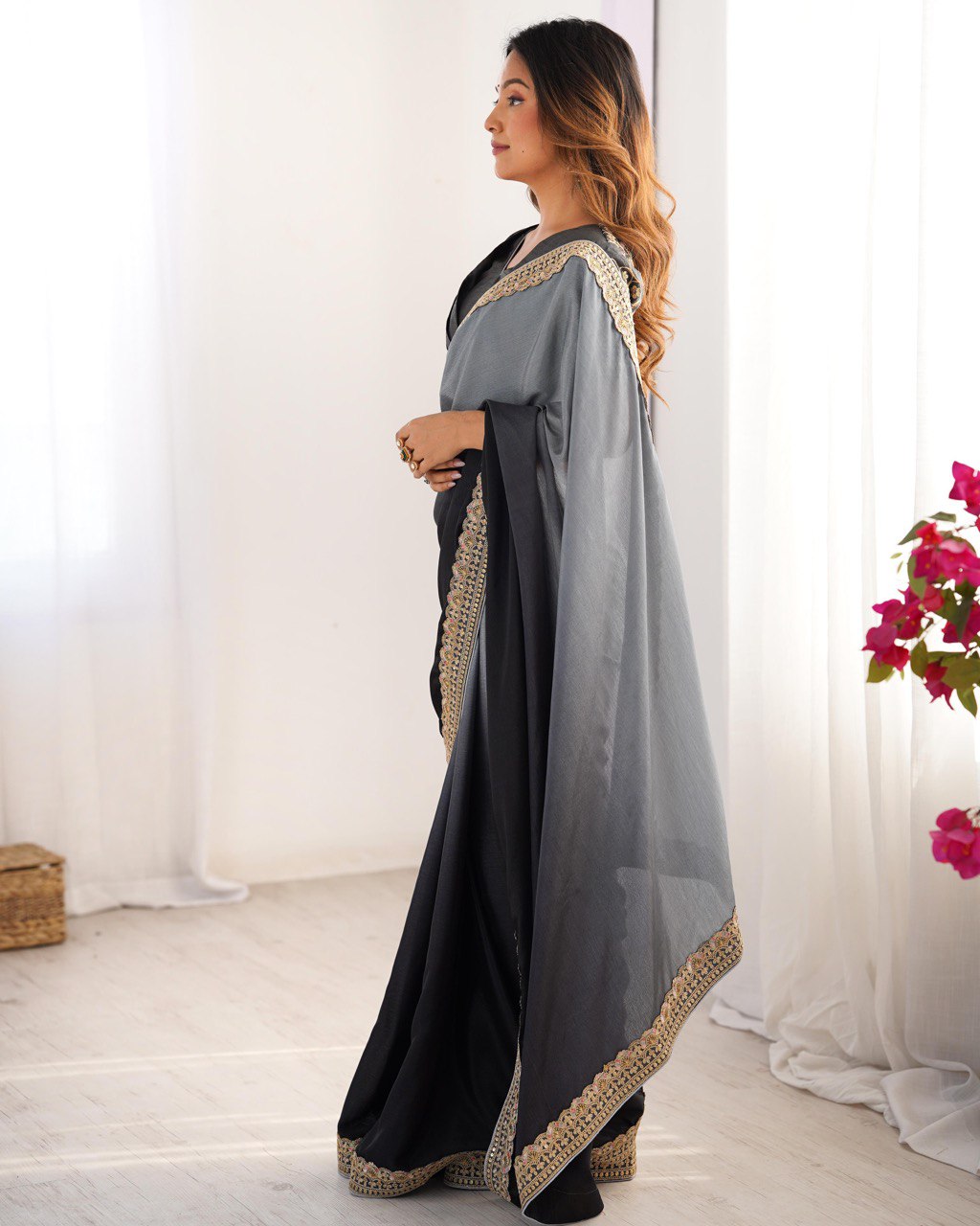 Teeya Creation Multi Color Chinnon Silk Embroidery Work Saree | Grocsy