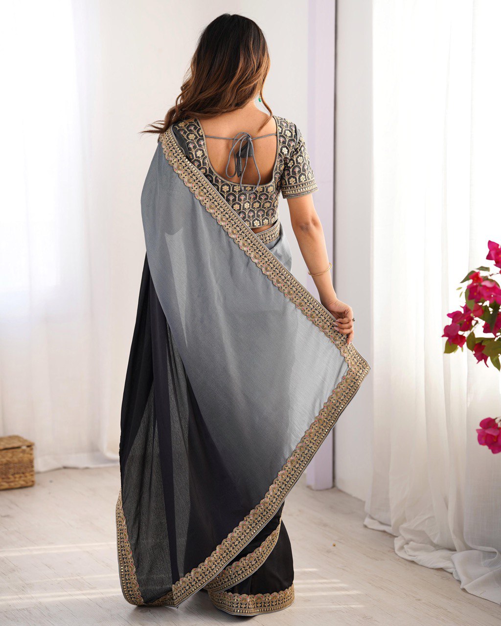 Teeya Creation Multi Color Chinnon Silk Embroidery Work Saree | Grocsy