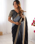 Teeya Creation Multi Color Chinnon Silk Embroidery Work Saree | Grocsy