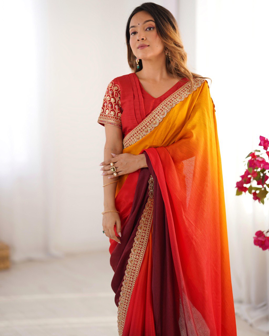 Teeya Creation Multi Color Chinnon Silk Embroidery Work Saree | Grocsy