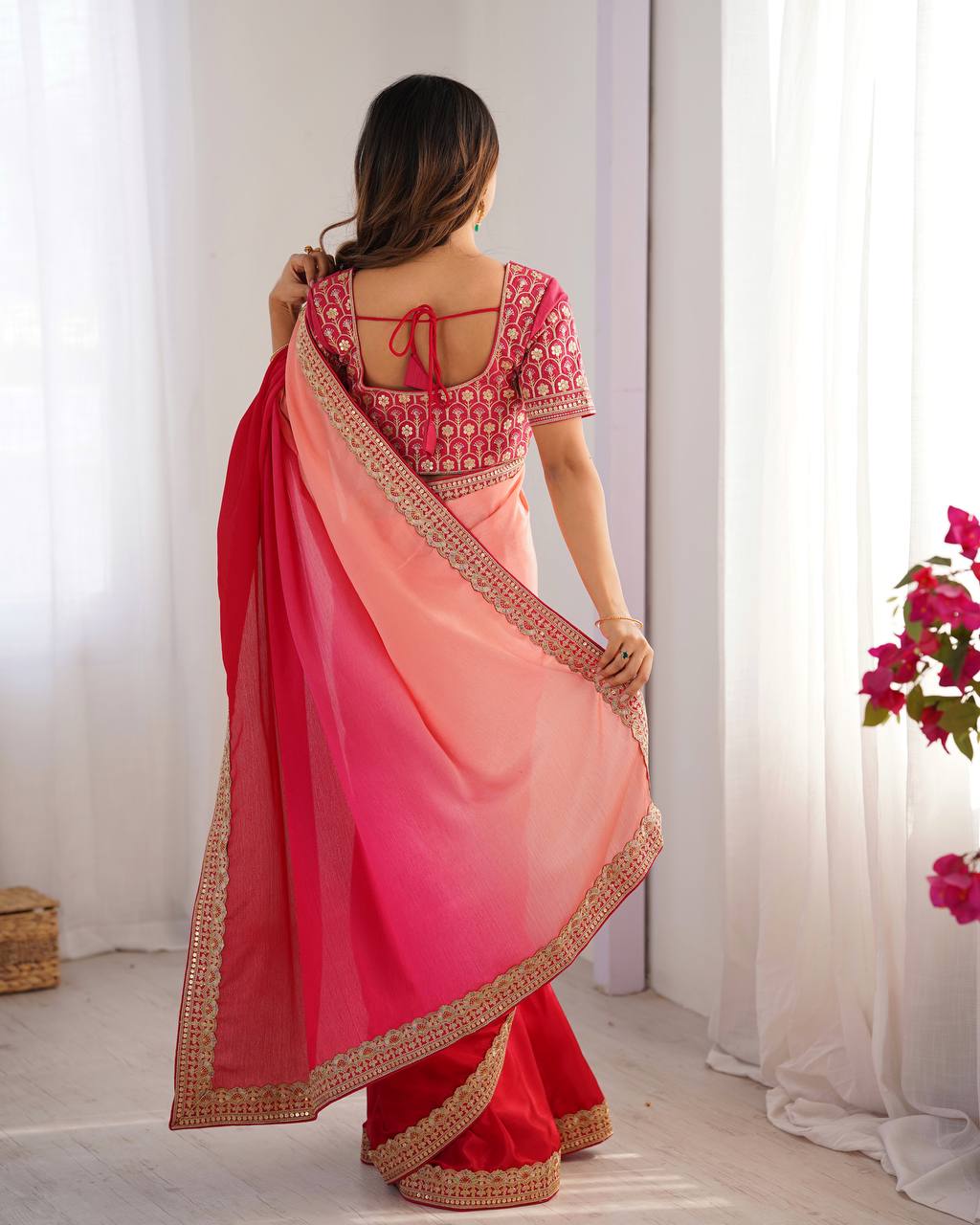 Teeya Creation Multi Color Chinnon Silk Embroidery Work Saree | Grocsy