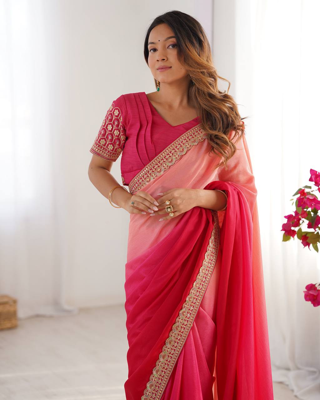 Teeya Creation Multi Color Chinnon Silk Embroidery Work Saree | Grocsy