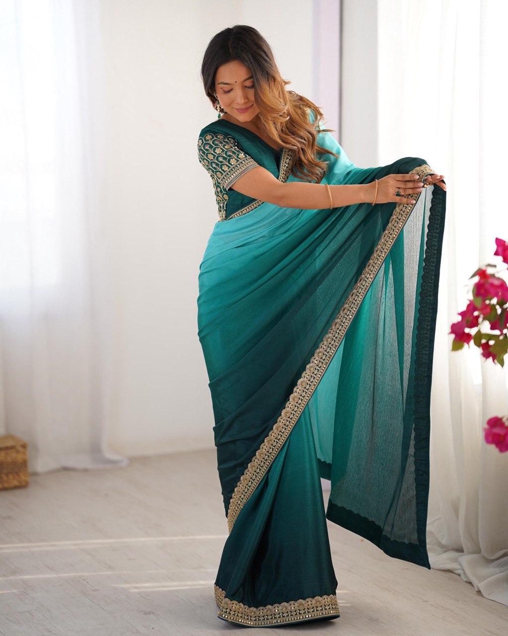 Teeya Creation Multi Color Chinnon Silk Embroidery Work Saree | Grocsy