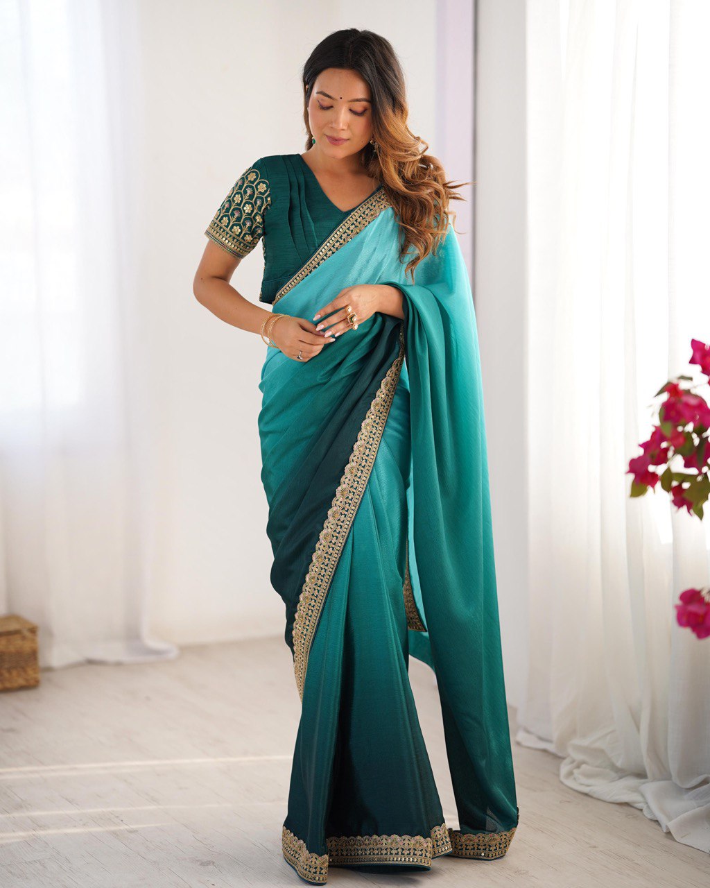 Teeya Creation Multi Color Chinnon Silk Embroidery Work Saree | Grocsy