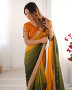 Teeya Creation Multi Color Chinnon Silk Embroidery Work Saree | Grocsy