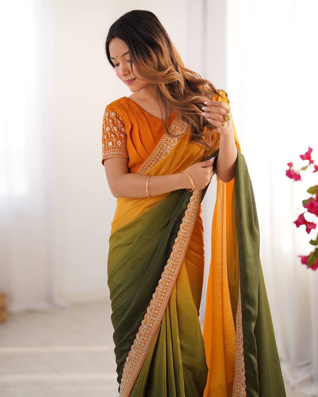 Teeya Creation Multi Color Chinnon Silk Embroidery Work Saree | Grocsy