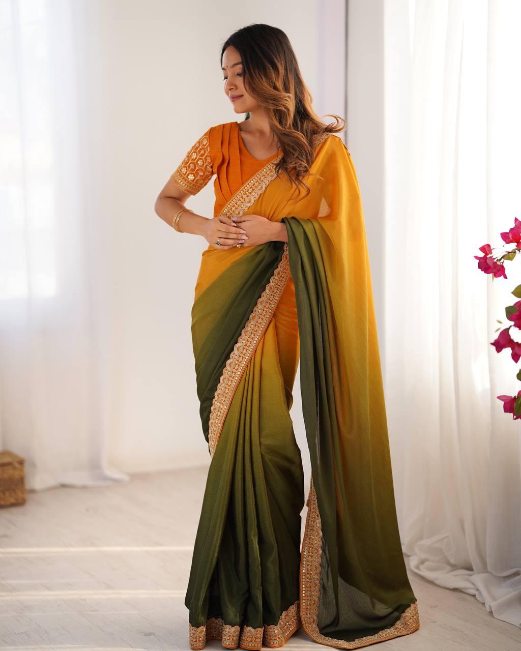 Teeya Creation Multi Color Chinnon Silk Embroidery Work Saree | Grocsy