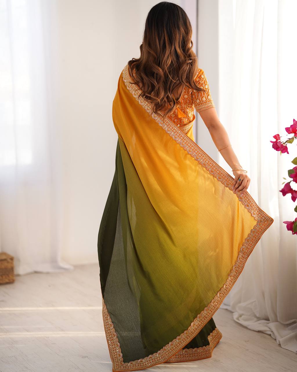 Teeya Creation Multi Color Chinnon Silk Embroidery Work Saree | Grocsy
