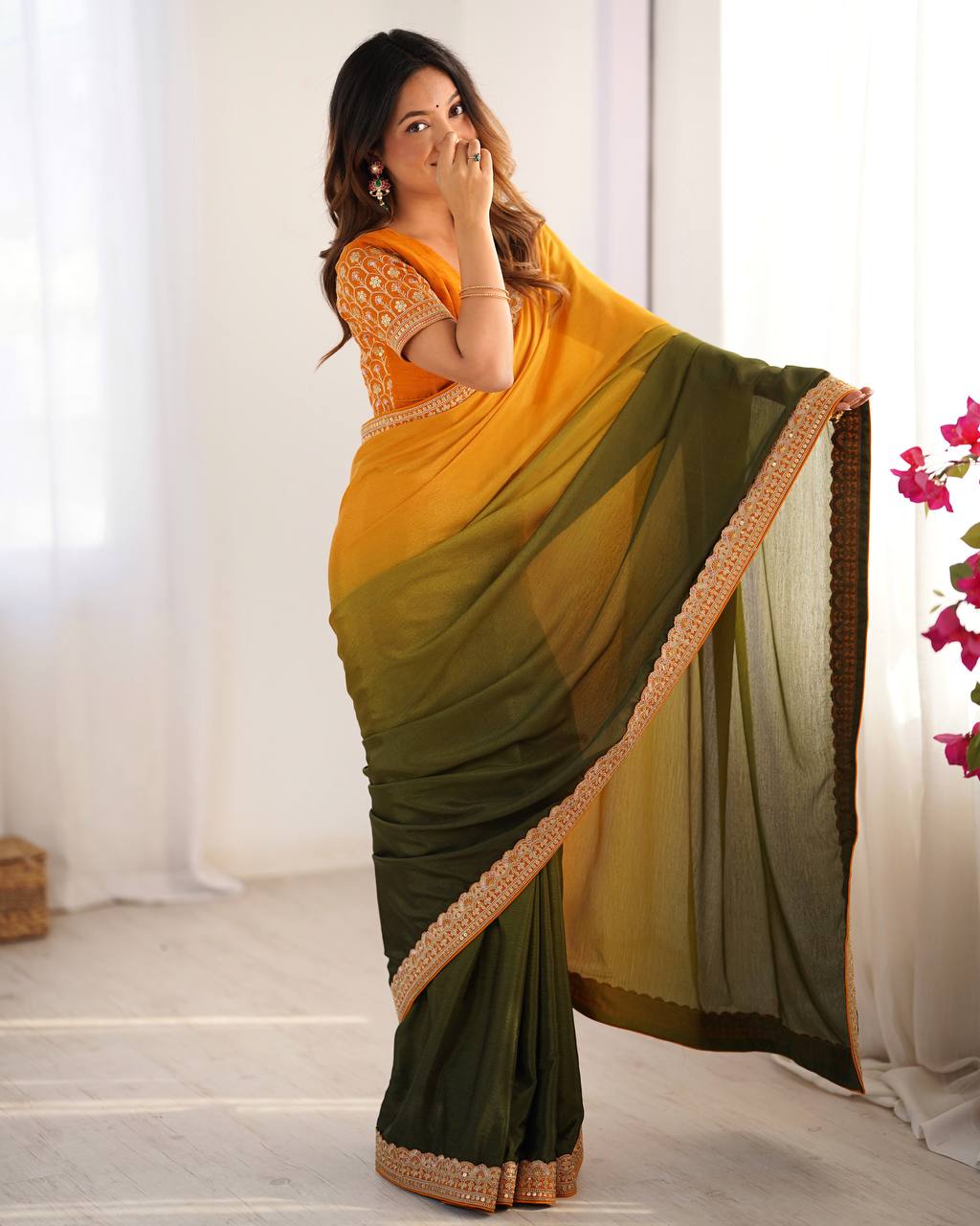 Teeya Creation Multi Color Chinnon Silk Embroidery Work Saree | Grocsy