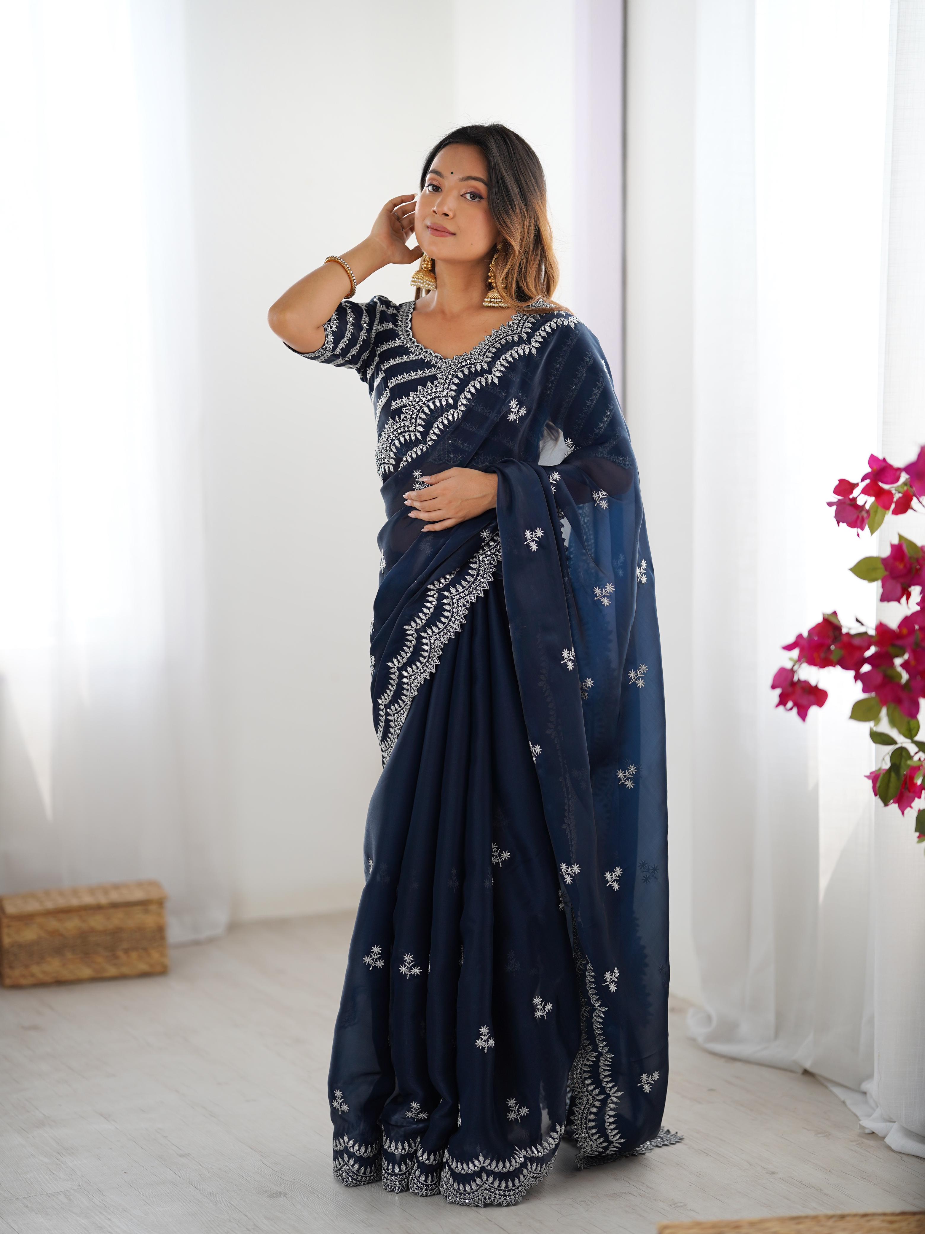 Teeya Creation Navy Blue Color Jimichhu Silk Embroidery Work Saree | Grocsy