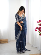 Teeya Creation Navy Blue Color Jimichhu Silk Embroidery Work Saree | Grocsy