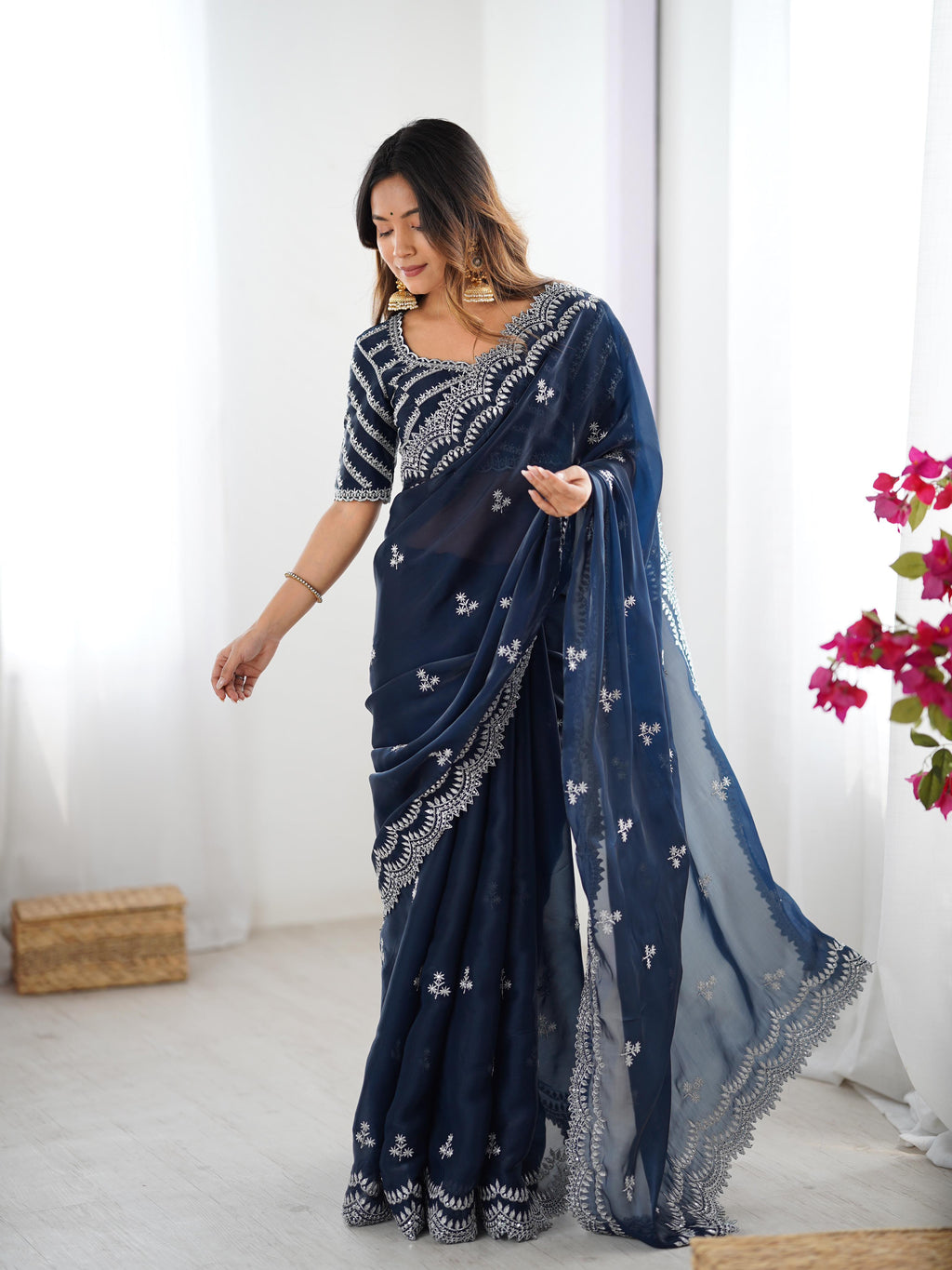 Teeya Creation Navy Blue Color Jimichhu Silk Embroidery Work Saree | Grocsy