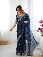 Teeya Creation Navy Blue Color Jimichhu Silk Embroidery Work Saree | Grocsy