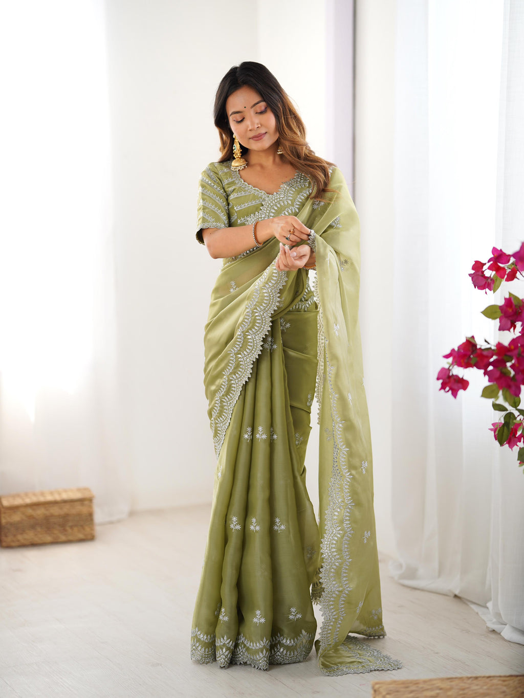 Teeya Creation Pista Color Jimichhu Silk Embroidery Work Saree | Grocsy