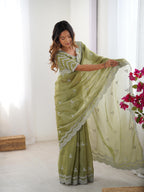 Teeya Creation Pista Color Jimichhu Silk Embroidery Work Saree | Grocsy
