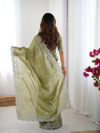 Teeya Creation Pista Color Jimichhu Silk Embroidery Work Saree | Grocsy