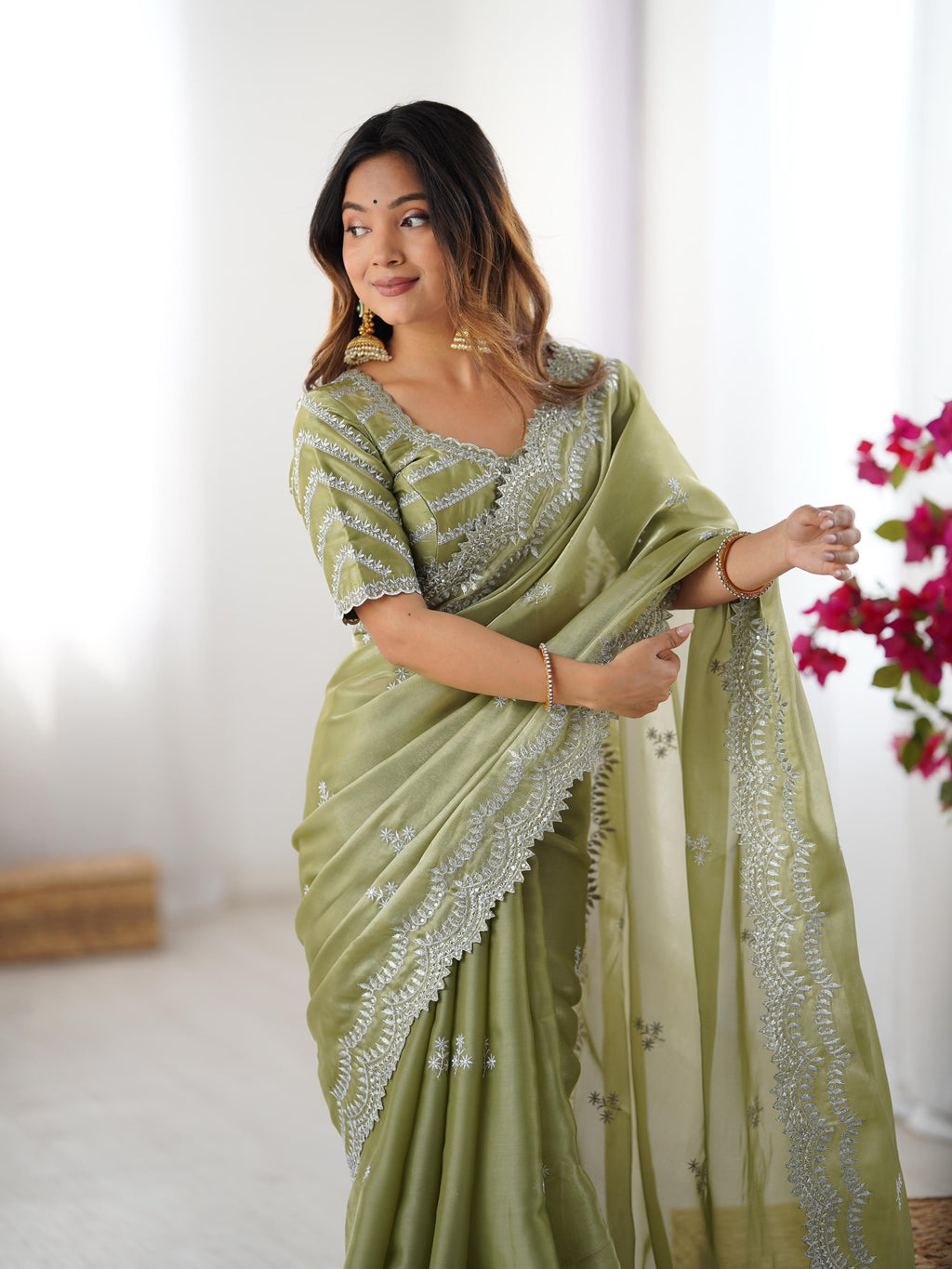 Teeya Creation Pista Color Jimichhu Silk Embroidery Work Saree | Grocsy