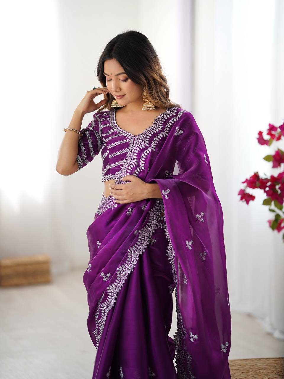 Teeya Creation Purple Color Jimichhu Silk Embroidery Work Saree | Grocsy