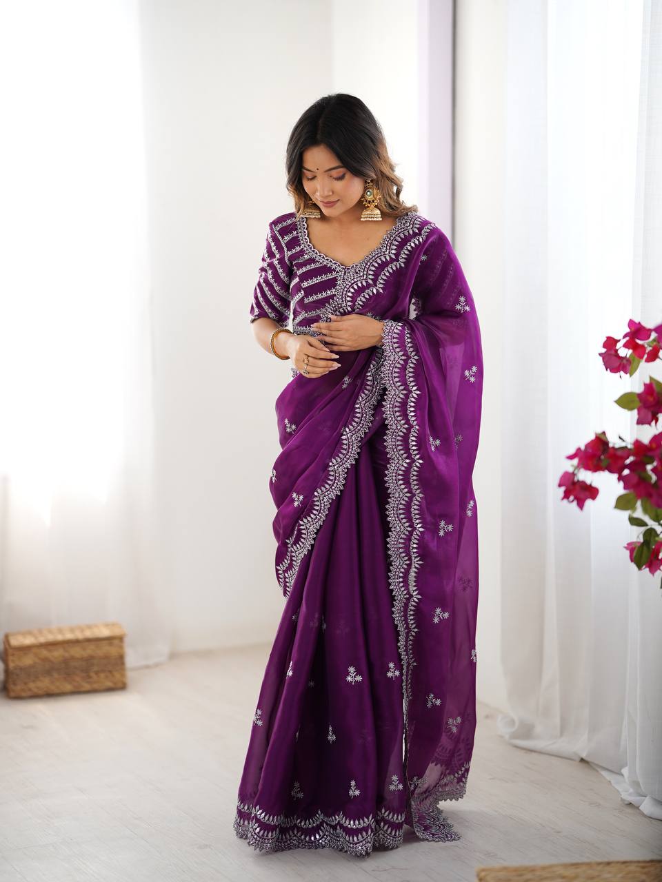 Teeya Creation Purple Color Jimichhu Silk Embroidery Work Saree | Grocsy
