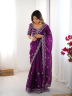 Teeya Creation Purple Color Jimichhu Silk Embroidery Work Saree | Grocsy