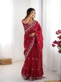 Teeya Creation Red Color Jimichhu Silk Embroidery Work Saree | Grocsy