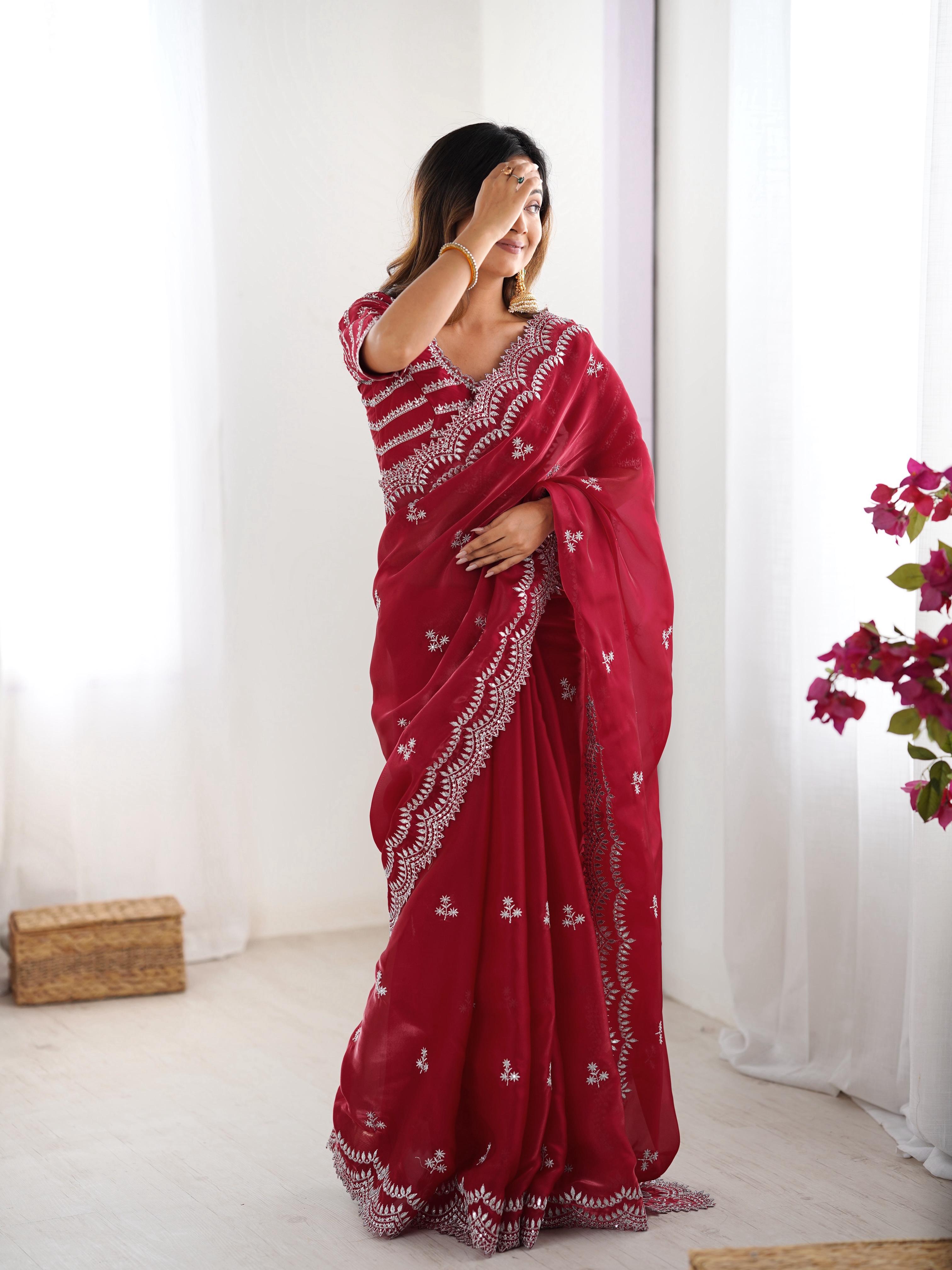 Teeya Creation Red Color Jimichhu Silk Embroidery Work Saree | Grocsy