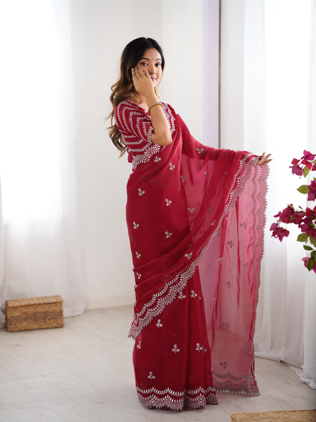 Teeya Creation Red Color Jimichhu Silk Embroidery Work Saree | Grocsy