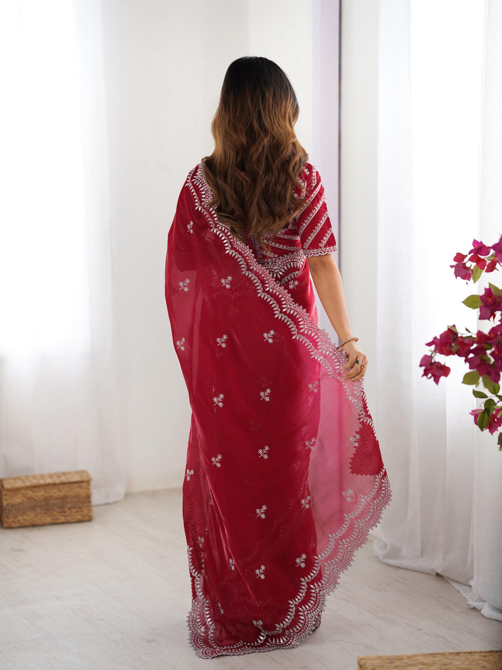 Teeya Creation Red Color Jimichhu Silk Embroidery Work Saree | Grocsy