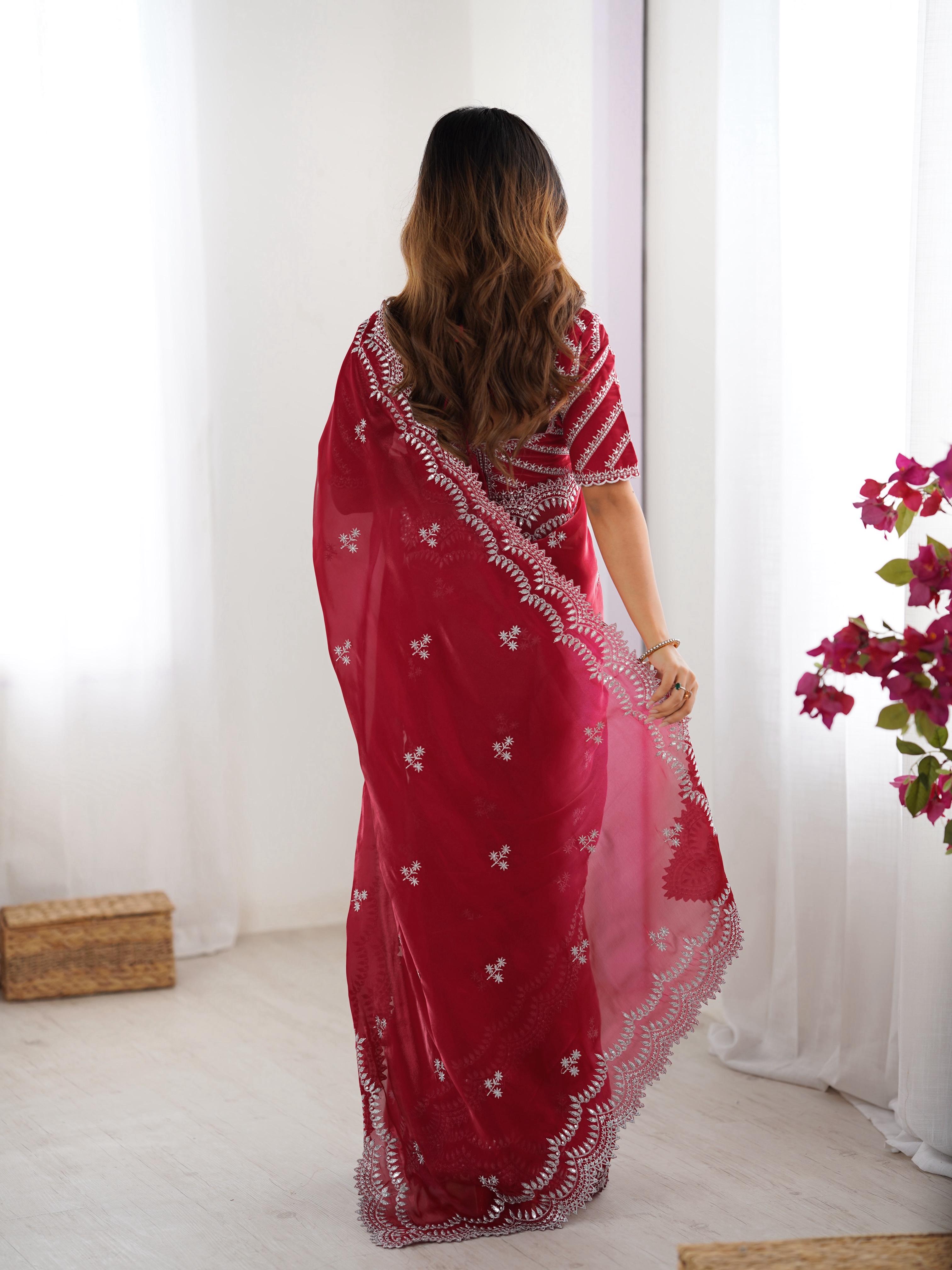 Teeya Creation Red Color Jimichhu Silk Embroidery Work Saree | Grocsy