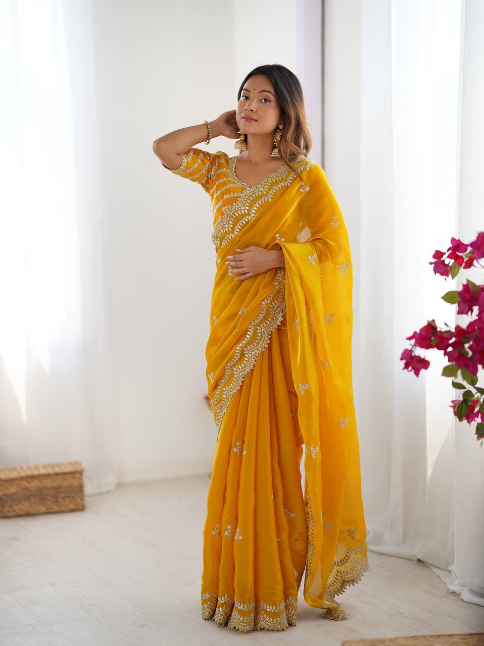 Teeya Creation yellow Color Jimichhu Silk Embroidery Work Saree | Grocsy